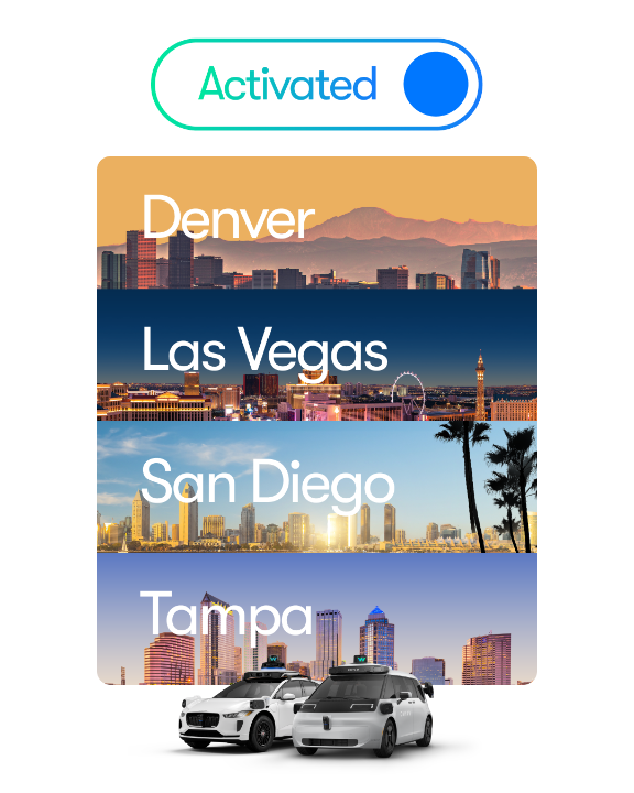 Autonomous mode activated in four new cities! ✨ Starting today you’ll see our vehicles with no human at the wheel in Las Vegas—with Denver, San Diego, and Tampa to follow. Want to be one of the first to ride when we start serving these cities? Download the Waymo app and we’ll let you know when you’re in.