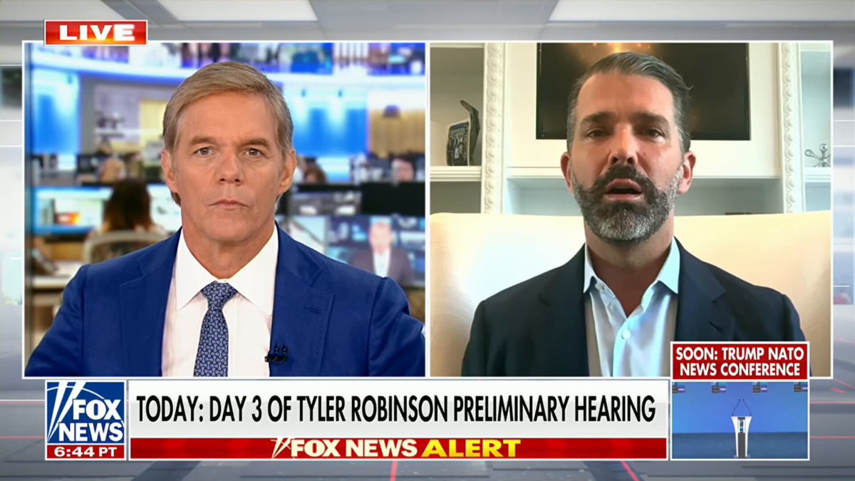 🚨 JUST IN: Donald Trump Jr. says the LIES are CRASHING DOWN at the Charlie Kirk assassination trial of Tyler Robinson, it's a "cut and dry case" and the defense keeps STALLING "The evidence would be too damning to their client! You see the video." "They see him coming in early...he then leaves...he comes back, wearing long pants with a limp that magically developed." "He goes up to this rooftop on video, the perfect vantage point to make this shop. Then, jumps off carrying a long object that looked like the shape of the gun rapped up in something, and a screwdriver left." "Made his shot, they saw evidence of the indents of his elbows and knees laying prone...the limp has disappeared, he is seen jumping off the building." Donald Trump Jr.