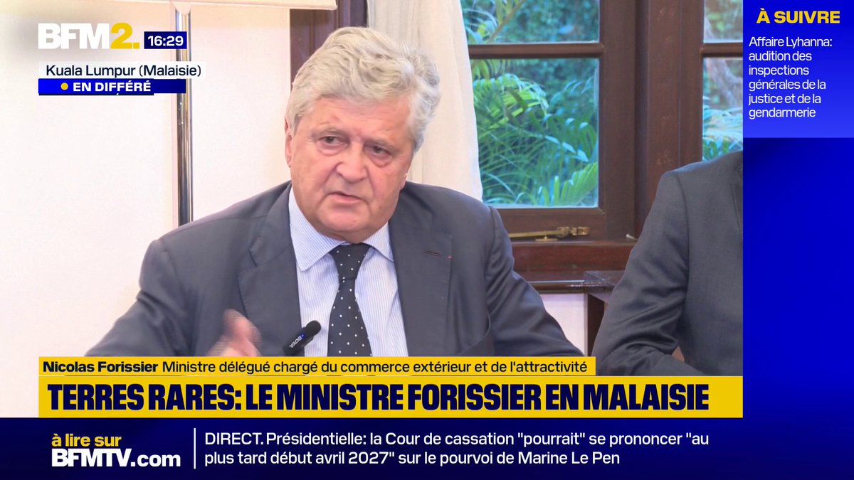 Terres rares: "C'est un partenariat très productif et gagnant-gagnant", déclare le ministre du Commerce extérieur, Nicolas Forissier, en visite en Malaisie #BFM2