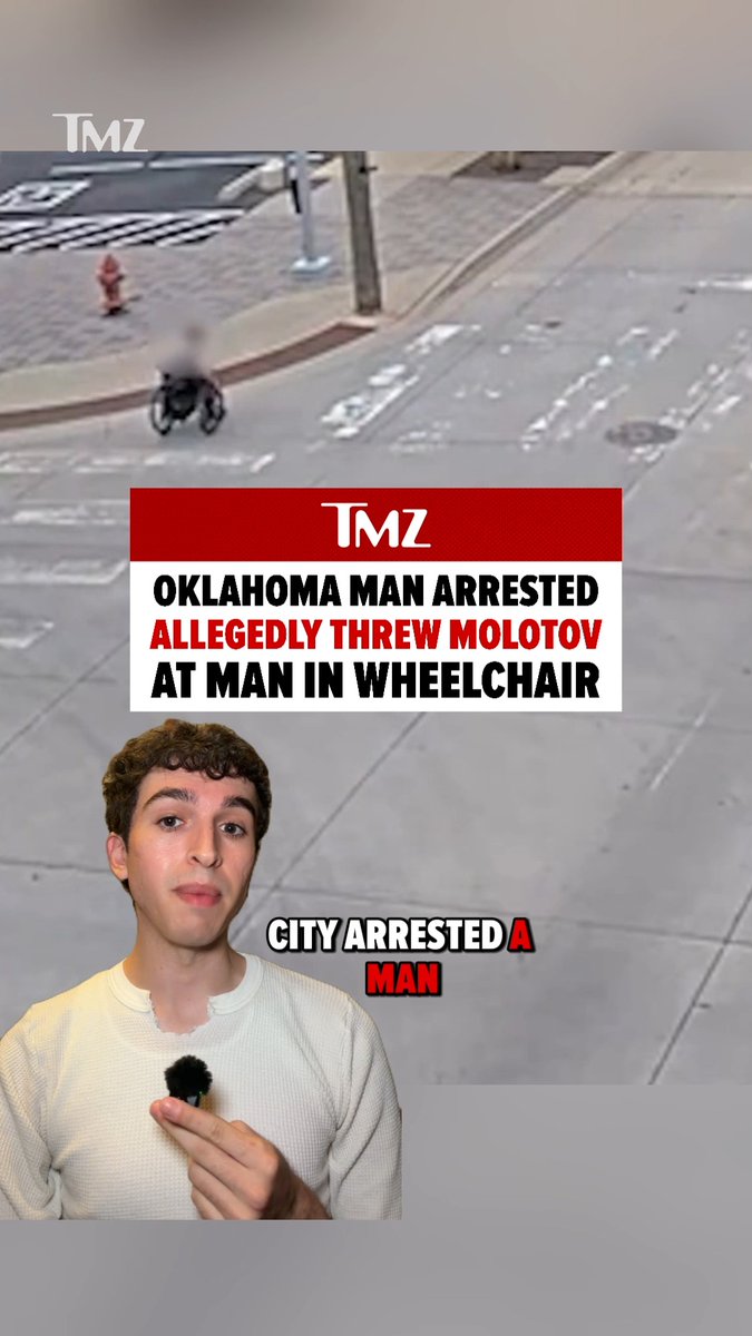 A suspect has been arrested after CCTV footage showed a man throwing a Molotov cocktail at an individual in a wheelchair, according to the Oklahoma City Police Department. 🎥: Oklahoma City Police Department via Storyful