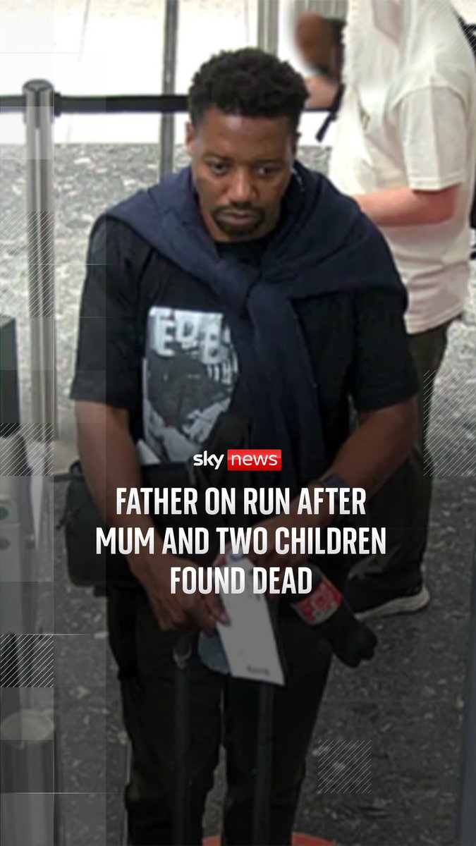 A man suspected of murdering his family was pictured fleeing to Zimbabwe two days before his wife and daughters were found dead. 42-year-old Ndodana Mkhanyisi Tshuma was pictured at Heathrow airport on Saturday. Lisa Dowd Sky News reports