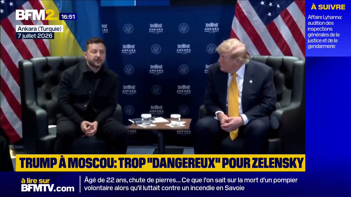 Lors d'un échange au sommet de l'OTAN à Ankara, Donald Trump a demandé à Volodymyr Zelensky s'il irait à Moscou. Le président ukrainien lui a répondu avec ironie: "Il y a beaucoup de drones ukrainiens dans les airs. C'est dangereux" #BFM2