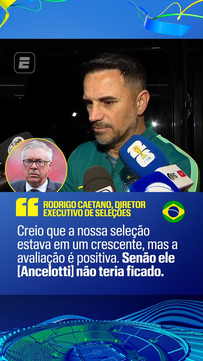 Rodrigo Caetano avaliou como positiva a passagem de Carlo Ancelotti pela Seleção Brasileira até aqui, mesmo após a eliminação nas oitavas de final da Copa do Mundo. O diretor executivo de seleções defendeu a continuidade do trabalho, falou em estabilidade para o novo ciclo e destacou a renovação do elenco.🇧🇷 👉 Assista à Copa do Mundo FIFA pela CazéTV, no #DisneyPlus, sem custo adicional #ESPN2026 #FIFAWorldCup