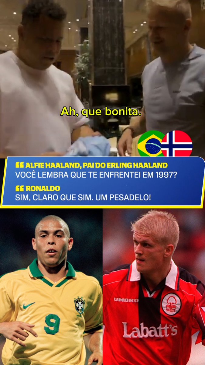 PAI DO HAALAND 🤝 RONALDO FENÔMENO Em um vídeo publicado no canal de Youtube do Erling Haaland, Alfie Haaland, pai do craque, se encontrou com Ronaldo e relembrou a vitória de 4 a 2 dos noruegueses contra os brasileiros em um amistoso, em 1997. 👉 Assista à Copa do Mundo FIFA pela CazéTV, no #DisneyPlus, sem custo adicional. via erling haaland/ youtube #ESPN2026 #FIFAWorldCup
