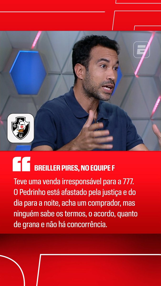 🎙️ "Eu fico estupefato." No Equipe F, Breiller Pires comentou a crise do Vasco e criticou o momento do clube, destacando a indefinição na presidência e a falta de transparência na venda da SAF. #ESPN #Vasco