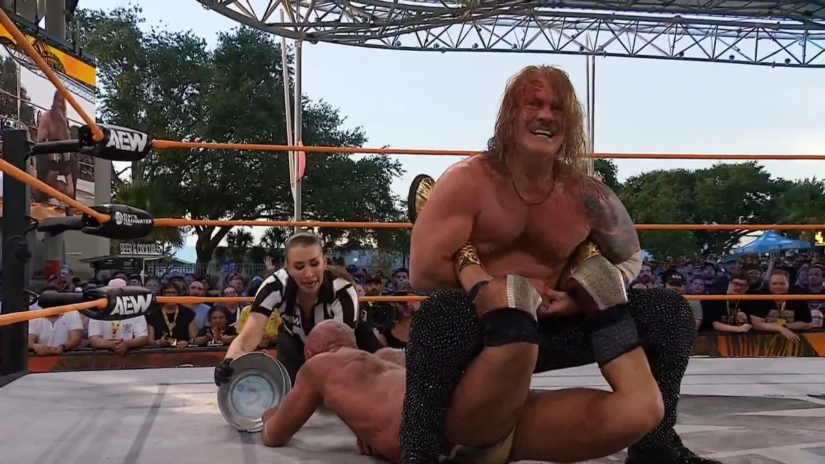 Jericho couldn't see Tommaso Ciampa's running knee coming! Watch #AEWDynamite LIVE on TBS & HBO Max