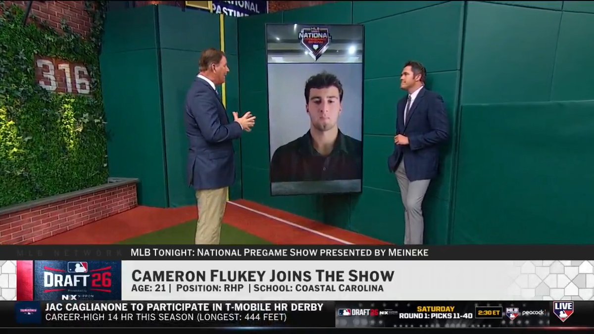 .Cameron Flukey racked up 232 K in 180.2 IP over three seasons with Coastal Carolina Baseball, and now he's moving on to the next level! MLB's No. 15 draft prospect joins #MLBTonight to discuss overcoming injuries and his powerful fastball-curveball combo at 6'6" 👀