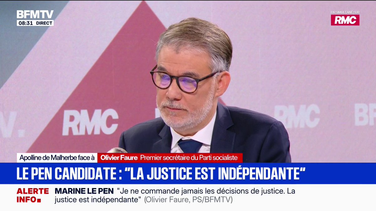 Candidature de Marine Le Pen: "L'extrême droite se vantait d'être mains blanches, tête haute. Aujourd'hui, c'est les mains sales et la tête basse", déclare Olivier Faure (PS)