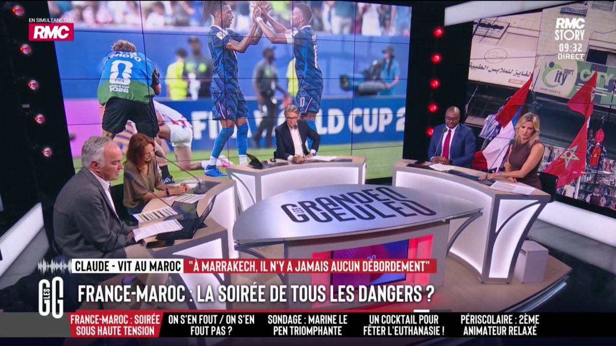 ⚽️ France-Maroc : craignez-vous des débordements ? 📞 Claude, vit au Maroc : "Il n'y a jamais de débordement ici. Le seul problème, ce sont les klaxons jusqu'à 6h du matin. Je peux aller avec un maillot de la France dans un bar sans problème." #GGRMC