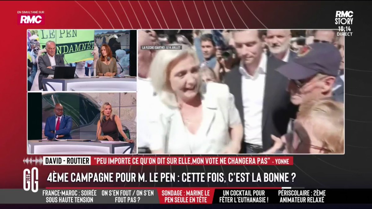 📊 Un sondage donne Marine Le Pen gagnante dans tous les cas de figure. 📞 David, routier, au 3216 : "Peu importe ce que disent les gens, mon vote ne va pas changer, ce sera Marine Le Pen. Je n'ai pas confiance en la justice. Et on va pas se retaper Attal ou Philippe !" #GGRMC