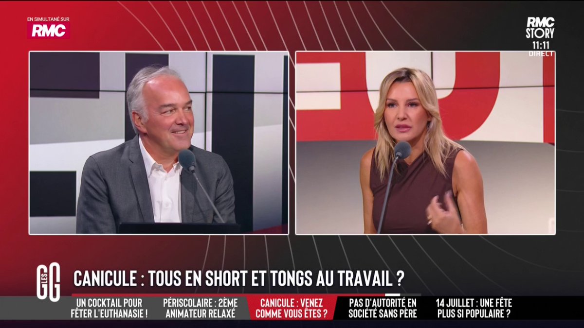 🥵 Canicule et dress code : tous en short et tongs au travail ? 🗣️ Olivier Truchot : "Pour les hommes, pendant la canicule, il n'y a pas d'entre-deux. Avouez que c'est plus dur pour les hommes que pour les femmes ?" 🗣️ Sandrine Pégand : "Non, vous vous victimisez." #GGRMC