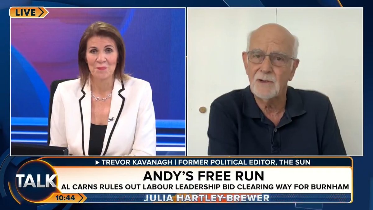 "Democracy in inaction" Trevor Kavanagh says Andy Burnham walking into the role of Prime Minister without an election, leadership debate, manifesto or policies is a bigger scandal than Nigel Farage's donations. "The supine Labour Party has just decided to let him have it" Julia Hartley-Brewer
