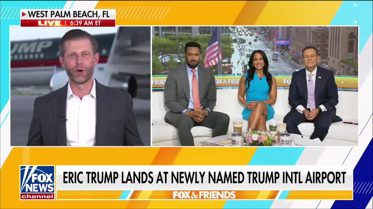 As of 5:01am this morning, Palm Beach International Airport officially became President Donald J. Trump International Airport, and Eric Trump made sure he was on the first flight into the newly named Florida hub. Eric Trump explains how his father’s name is truly iconic in the sunshine state. “I don't think there's anybody more synonymous with Palm Beach than Donald Trump and maybe all of Florida.” “It's his home, he absolutely loves his state, won the state by a major margin. And this is the plane that carried him to victory.” | FOX & Friends