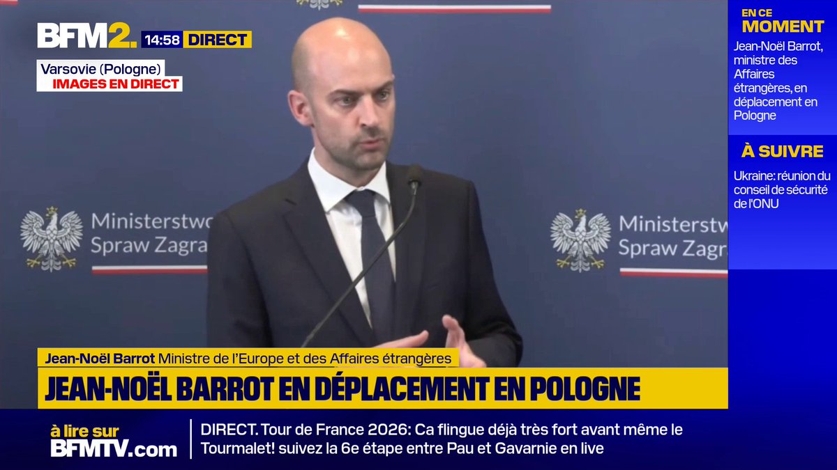"Plus Vladimir Poutine est en difficulté sur le front, plus il est en échec, et plus se multiplient les provocations", explique Jean-Noël Barrot en déplacement en Pologne #BFM2
