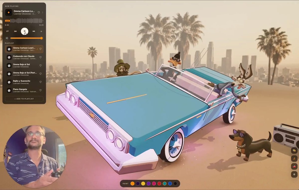 Turn your playlist into a rhythm game. I built a fully procedural cartoon lowrider you control with a gamepad. Try to bounce, hop and lean in time with the music yourself. Turn on your audio 🔥 Built inside Omma AI with Three.js & Claude