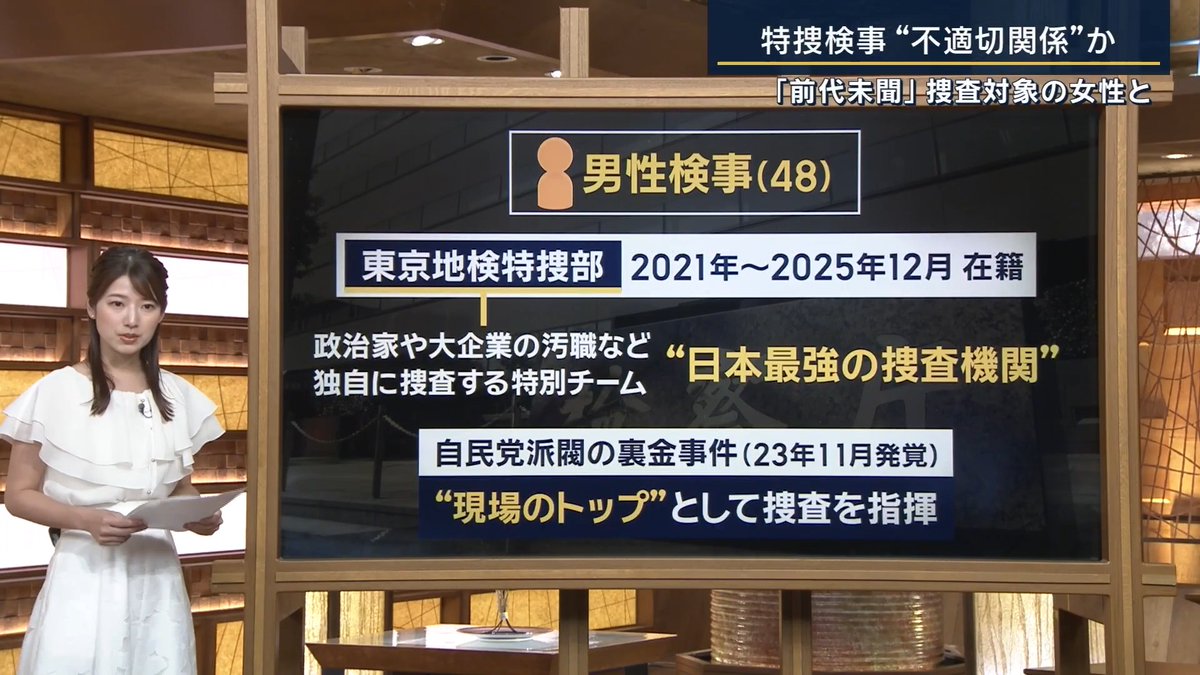 【「前代未聞だ」】特捜検事捜査対象と“不適切関係”か ｜ 東京地検特捜部の男性検事が、捜査対象の女性と取り調べをしたのをきっかけに不適切な関係になっていたことが明らかに ▼男性検事(48)の経歴 2021年〜 約4年半 東京地検特捜部に在籍 特捜部とは全国の検察庁の中でも東京・大阪・名古屋の3カ所にしかなく、特に東京地検特捜部は政治家や大企業の汚職などを独自に捜査する検察の特別チーム →“日本最強の捜査機関”と言われる この男性検事は、2023年11月に発覚した自民党派閥の裏金事件で“現場のトップ”として捜査を指揮 ▼検察で相次ぐ不祥事 2025年12月 さいたま地検の30代男性検事が既婚者でありながら交際相手に他人の前科情報を漏らす →国家公務員法違反の罪で略式起訴かつ懲戒免職 2025年10月 千葉地検の30代男性検事が、事件の取り調べを担当した参考人から109万円超の接待などを受ける →懲戒処分 ▼今回の問題に周囲の受け止めは… 法務省幹部 「ただでさえ色々な問題に対応しなければいけない時期に、こんな問題が出てくるとは、現場の士気も下がる」 検察幹部 「なぜこんなことをしたのか理解ができない」 別の検察幹部 「前代未聞で、捜査の信頼性にも関わる。事実であれば同情の余地はない」