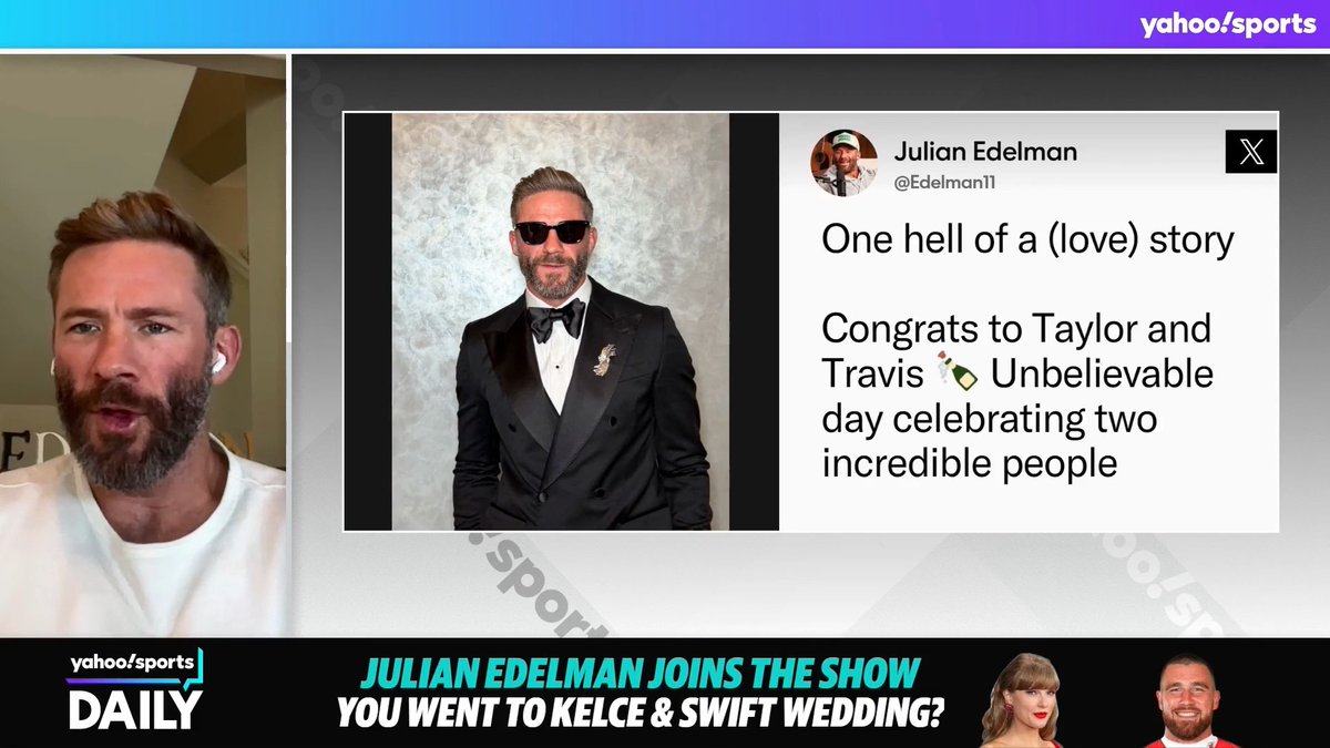Julian Edelman describes attending Travis Kelce and Taylor Swift’s wedding as best as he can without violating the NDA 😅 (via Yahoo Sports Daily)