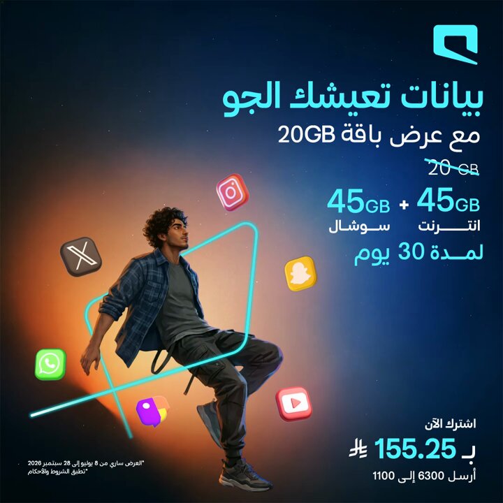 بيانات أكثر… ومتعة أكثر مع عرض باقة 20GB 45 جيجا إنترنت 45 جيجا سوشال اشترك الآن بـ 155.25 ريال