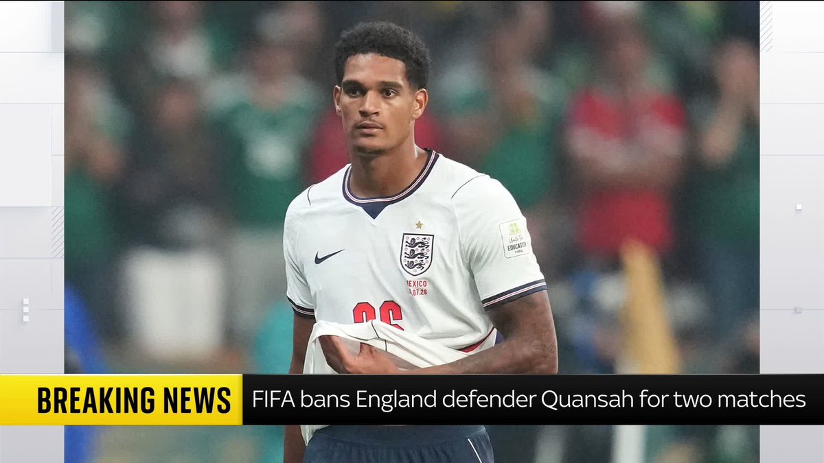 BREAKING: FIFA has banned England defender Jarell Quansah for two matches after his red card against Mexico. Sky's sports correspondent Rob Harris reports ⬇️ World Cup latest: 📺 Sky 501, Virgin 602, Freeview 233 and YouTube