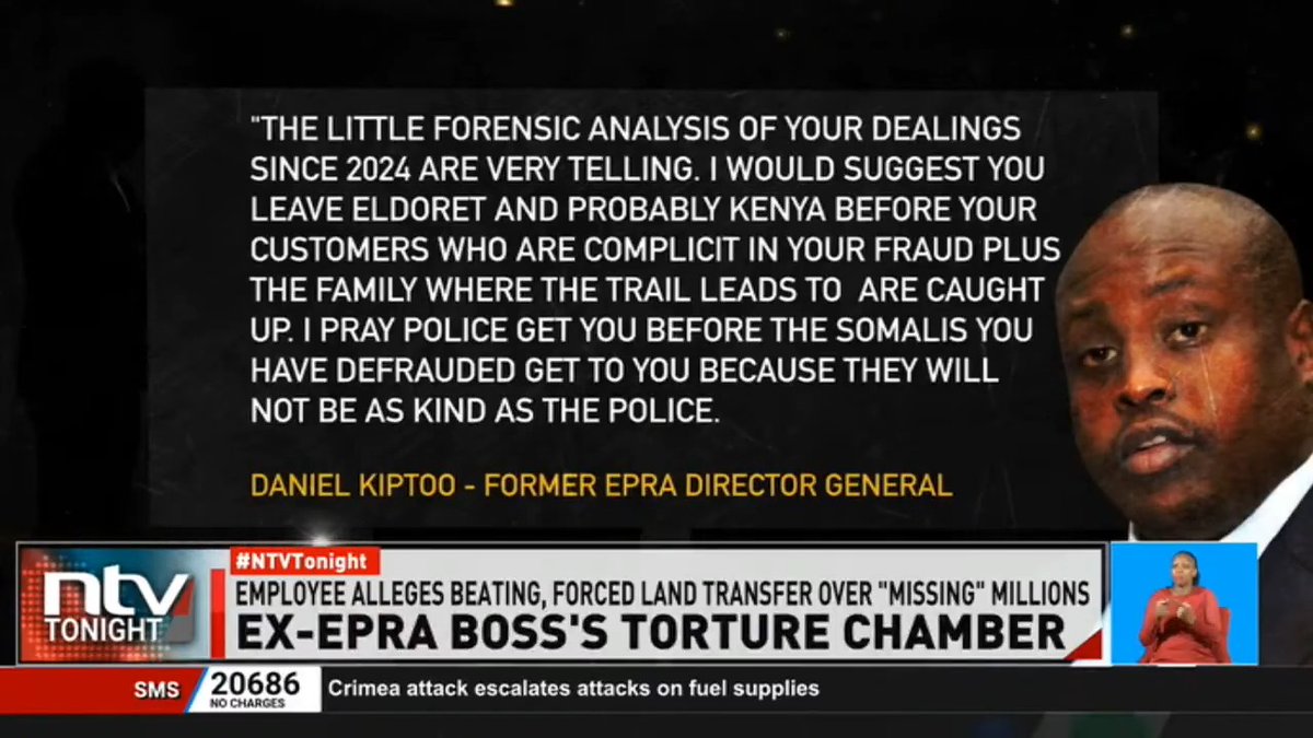 Ex-EPRA Boss' Torture Chamber: Police are investigating an alleged assault case involving former Epra DG Daniel Kiptoo. He is accused of unlawfully detaining and torturing some of his employees over claims that they had stolen from him #NTVTonight Ben Kitili