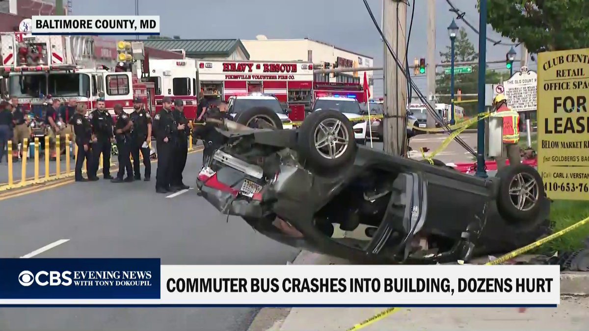 A commuter bus outside of Baltimore plowed through 11 vehicles and powerlines before slamming into a FedEx building, sending 36 people to the hospital. Authorities are investigating the cause of the crash.