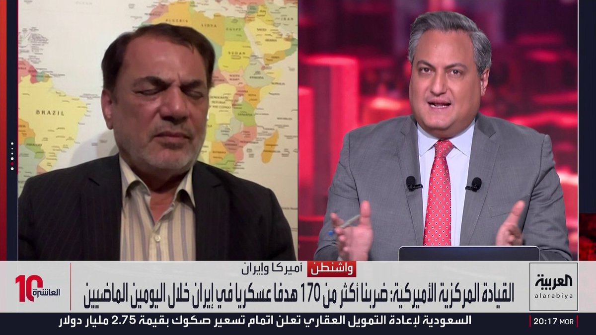 أستاذ العلوم السياسية حسين رويوران: إيران لا تقول إنها تريد السيطرة على مضيق هرمز ودخلت في مفاوضات مع عمان لتقسيم الممر مناصفة لأن المياه الإقليمية لكل منهما تنتهي في منتصف المضيق لكن لم يتم التوصل إلى نتيجة.. والفرق الإيرانية تزيل الألغام من المسار العماني.. ومذيع العربية: مذكرة التفاهم لا تعطي إيران الحق في منع الناقلات من استخدام المسار العماني.. والحديث عن وجود ألغام في المسار العماني غير منطقي لأن السفن تستخدمه بأمان قبل الاعتداءات الإيرانية.. أريد كلاما منطقيا يفهمه المشاهد