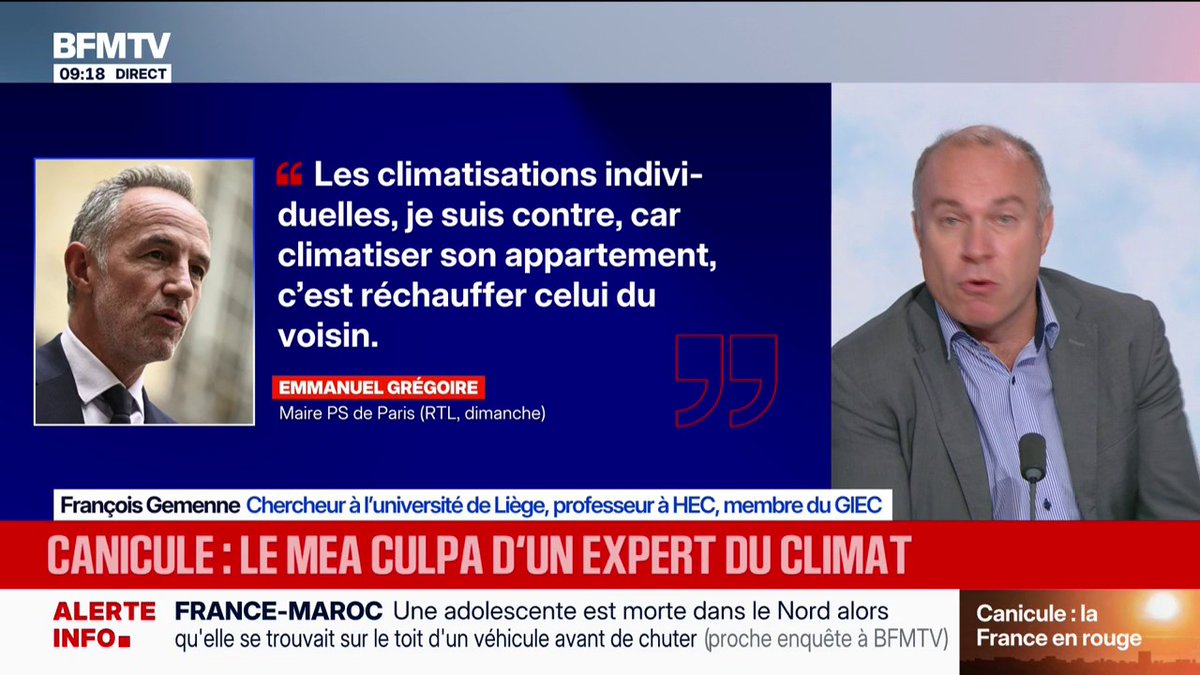 Canicule: l'adaptation au réchauffement climatique n'est pas "un renoncement par rapport à la décarbonation", selon François Gemenne, membre du GIEC