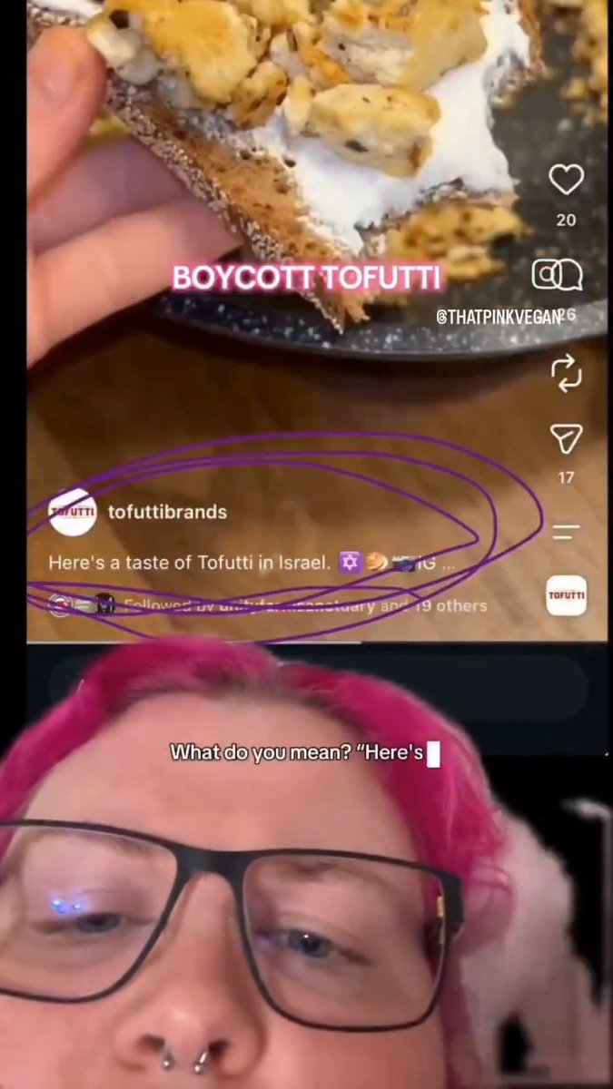 This person is so disgusted that Israelis are using the same cream cheese as her that she is literally never going to buy the same brand again. She is so upset by the fact that Israelis have the opportunity to eat the same vegan cream cheese that she filmed a video and swore off a brand she uses constantly. This is dehumanization on a whole other level.