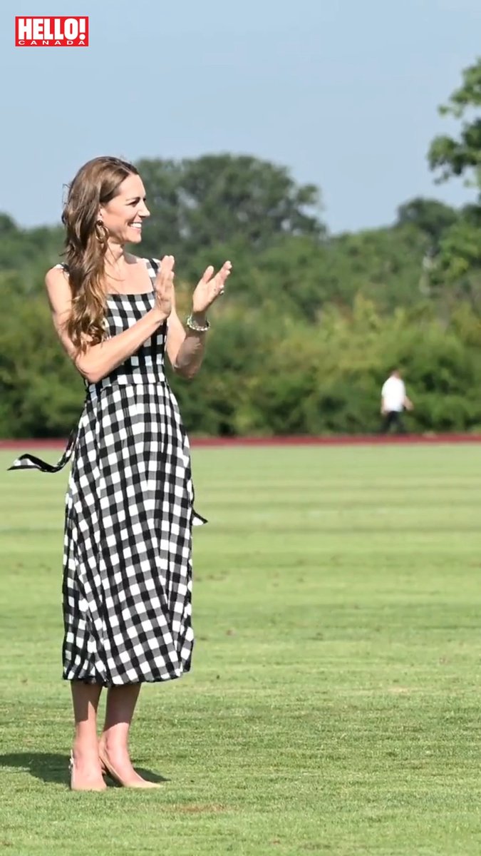 Princess Kate and Prince William were looking so in love as she supported him at his charity polo match, sharing sweet cheek kisses and holding hands 💕 The Princess of Wales looked lovely in a black and white gingham summer dress, returning to the royal tradition for the first time in two years and cheering on her husband 🏇 📸 : Getty #PrincessKate #PrinceWilliam #RoyalFamily