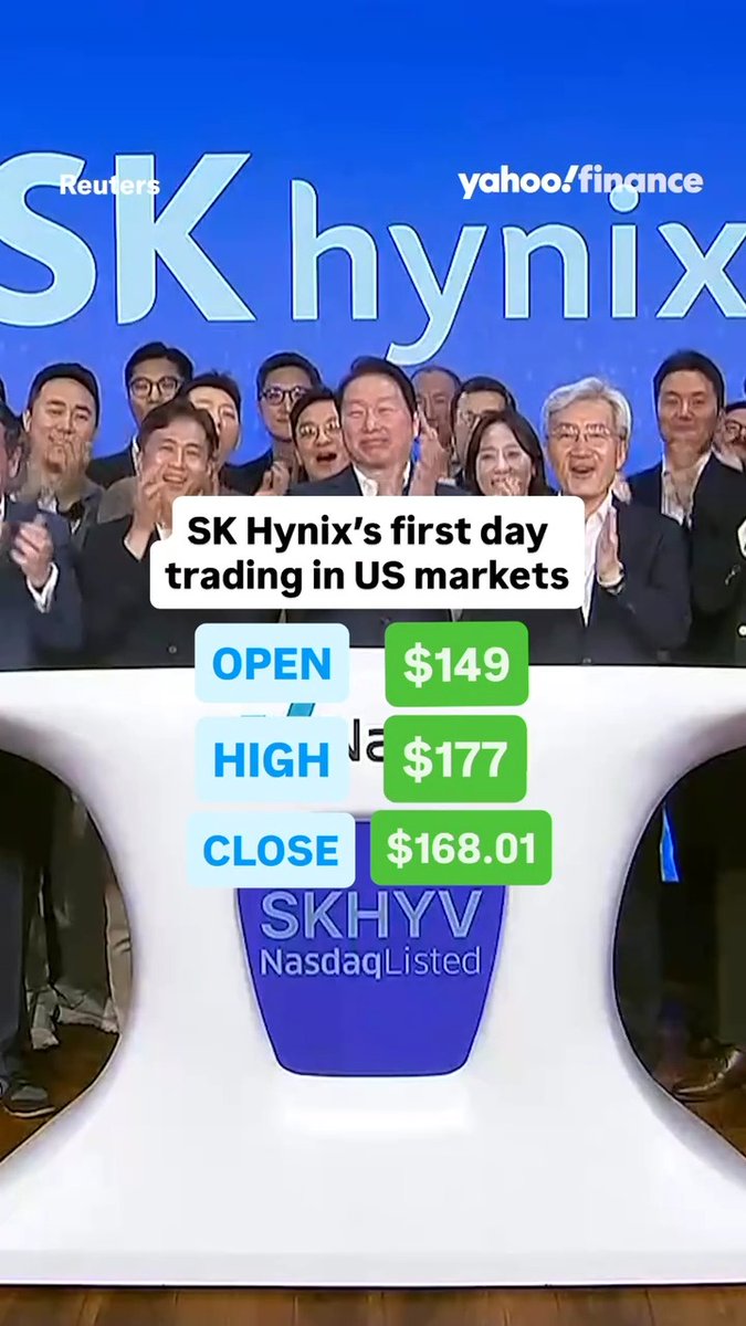 SK Hynix's stock pops 13% in its US market debut, closing at $168.01. 📈