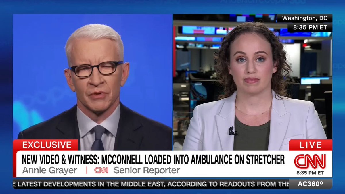 As concerns grow over 84-year-old Senator Mitch McConnell's health, new video exclusively obtained by CNN shows McConnell, who has been hospitalized for nearly a month, being loaded into an ambulance on a stretcher. CNN's Annie Grayer has the details.