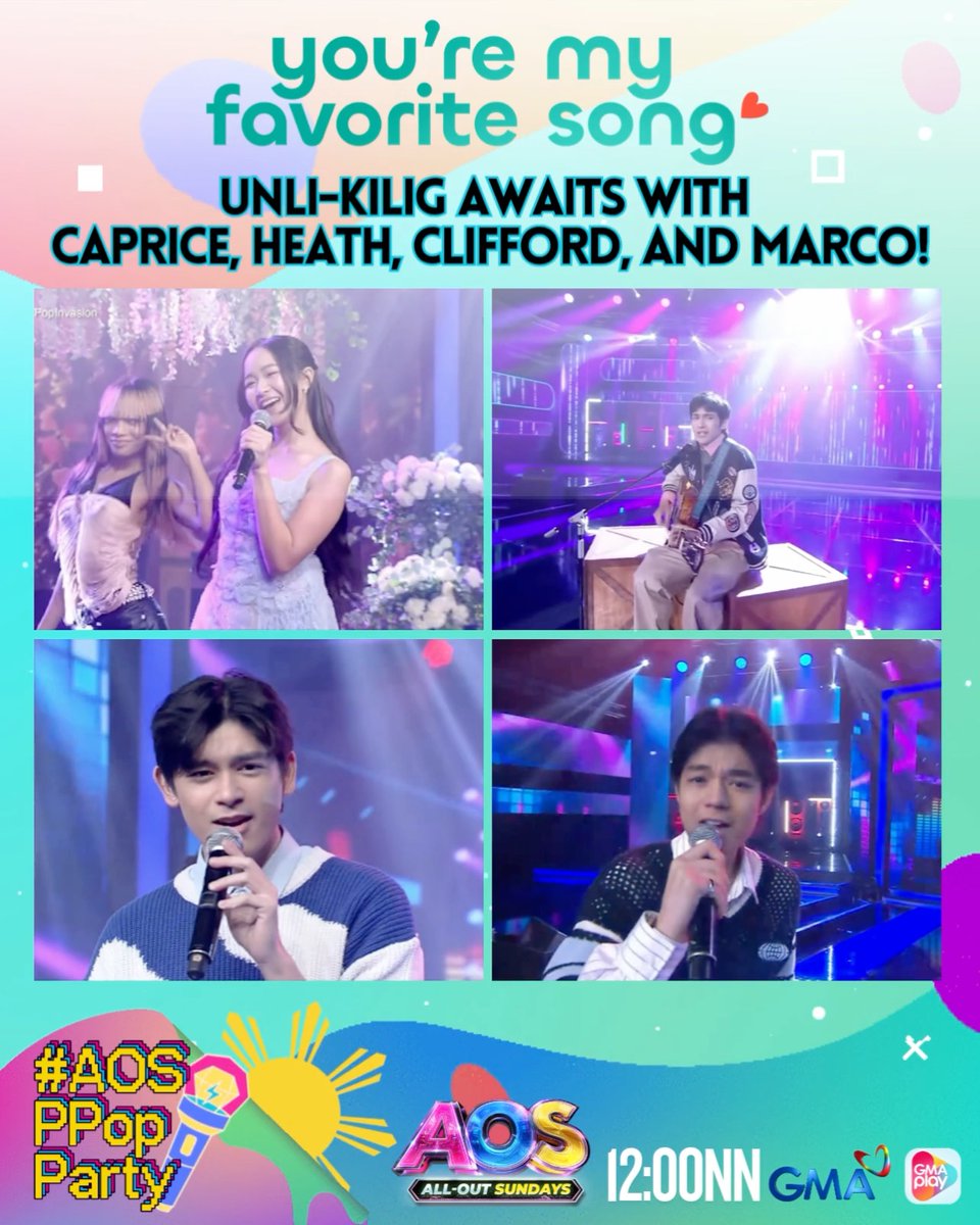 #AllOutSundays: Handa nang maghatid ng kilig sina Caprice, Heath, Clifford, at Marco! 🎶💖 Official hashtag: #AOSPpopParty
