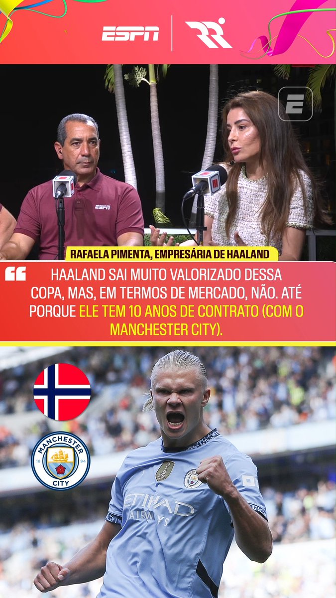 CONTRATO MAIS LONGO DO FUTEBOL? 😳🇳🇴 A empresária de Haaland, Rafaela Pimenta, esteve no Resenha da Copa e falou sobre como a Copa do Mundo está mudando a percepção sobre o jogador norueguês. Segundo ela, muitas pessoas que ainda não conheciam o atacante passaram a acompanhar o seu trabalho, mas, em termos de mercado, a competição não muda nada, já que o atleta tem um contrato de 10 anos com o Manchester City, dos quais já cumpriu três. Assista à Copa do Mundo FIFA pela CazéTV, no #DisneyPlus, sem custo adicional. #ESPN2026 #FIFAWorldCup