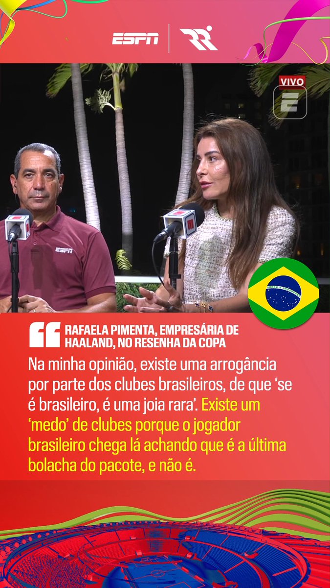 ARROGÂNCIA POR PARTE DOS CLUBES BRASILEIROS!' 😳 Rafaela Pimenta, empresária de Erling Haaland, foi convidada do Resenha da Copa desta sexta-feira e falou sobre o comportamento de clubes e jogadores brasileiros. Concorda com ela, fã de esportes? 👉 Assista à Copa do Mundo FIFA pela CazéTV, no #DisneyPlus, sem custo adicional. #ESPN2026 #FIFAWorldCup