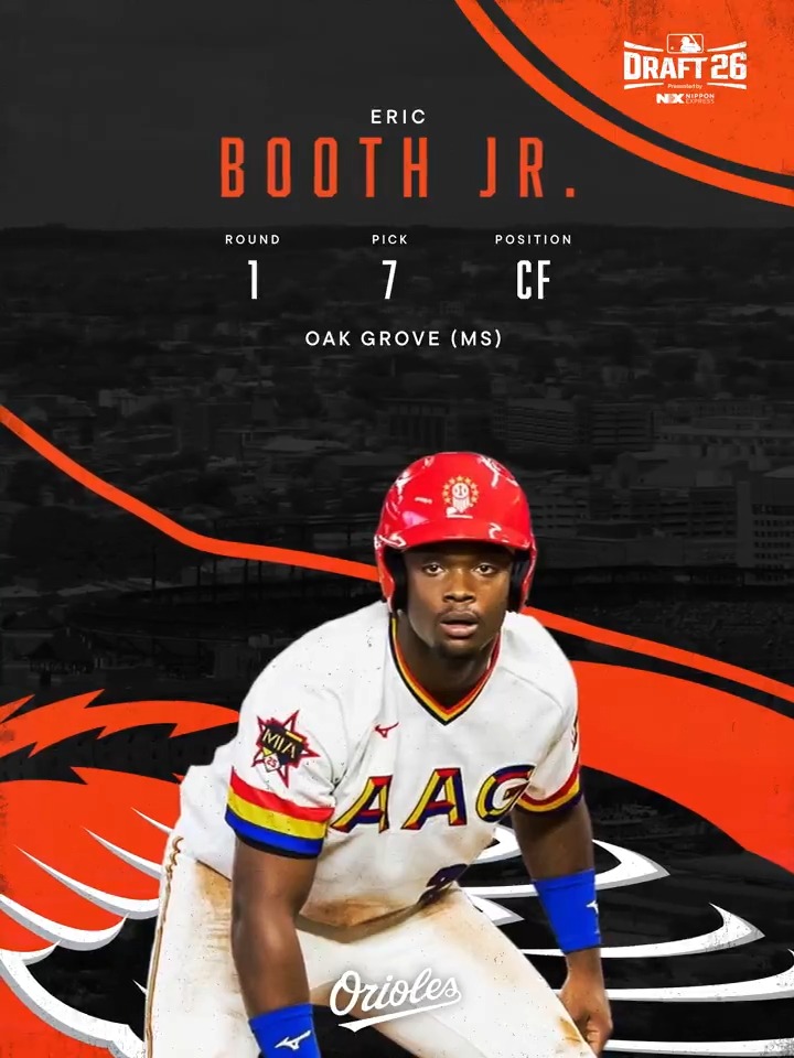 With the 7th pick in the 2026 MLB Draft, we have selected Eric Booth Jr. from Oak Grove High School (MS). Welcome to #Birdland, Eric!
