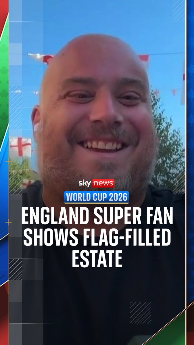 England super fan Chris Dowse shows the Bermondsey estate where he's helped put up more than 400 flags ahead of England's World Cup game vs Norway. 'I'll break down in tears' if England win, he told Sky News. Read more: