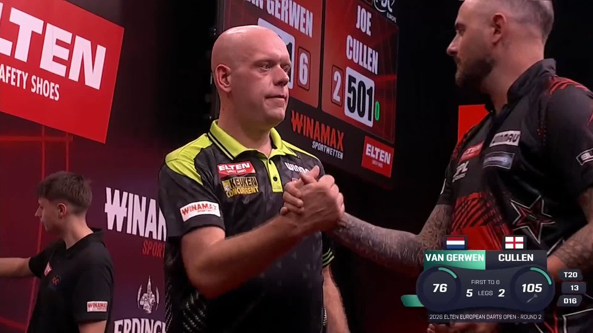 VINTAGE VAN GERWEN! Michael van Gerwen goes six darts into the nine in the final leg of the match, misses the seventh but cleans up the leg in 11 darts to round off a convincing 6-2 victory over Joe Cullen 📺 #ET10