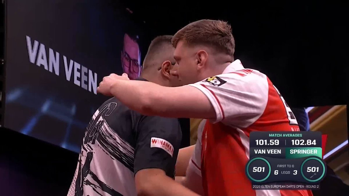 VAN VEEN WINS A THRILLER! Gian van Veen wins a thriller of a match, as the top seed beats Niko Springer 6-3 in a game which saw both players average upwards of a ton! 🔥 📺 #ET10