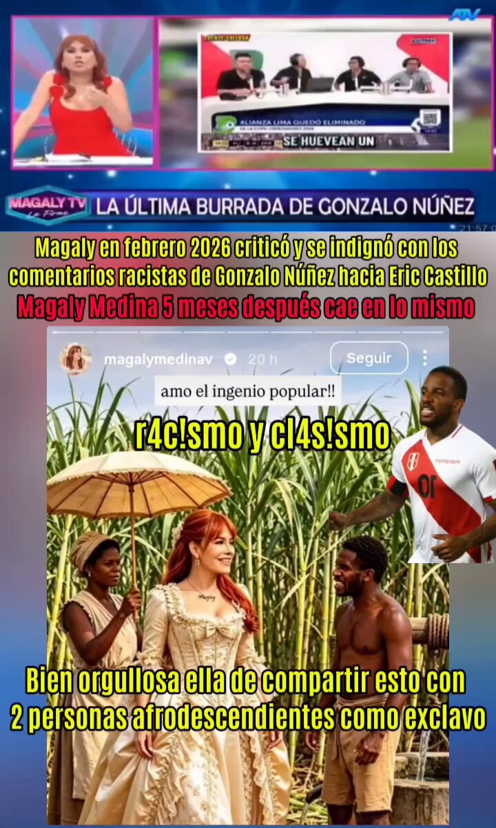 Magaly Medina se vistió de aliada antirracista en febrero con el caso Gonzalo Núñez. Hoy sus historias de Instagram la delatan compartiendo contenido racista con personas afrodescendientes como exclavos donde aparece Jefferson Farfán. 👺¡Como siempre se le cae la cereta!👺