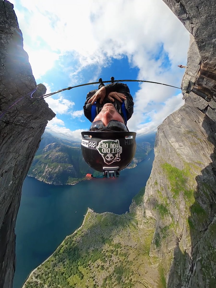 Now that's a creative BASE exit ๐ฆ POV from Mickey Wilson, hanging 3,000 feet over the Norwegian fjords. Shot on our 360 camera, #GoProMAX2, $200 off for a limited time ๐ #GoPro #BASE #POV