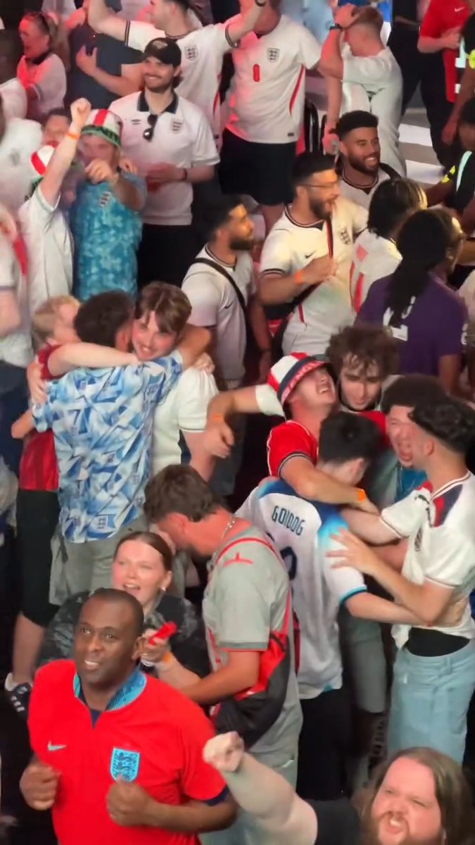 A close up of England fans in London celebrating Bellingham’s brace 🤩🔥 They even hit his cele 😂