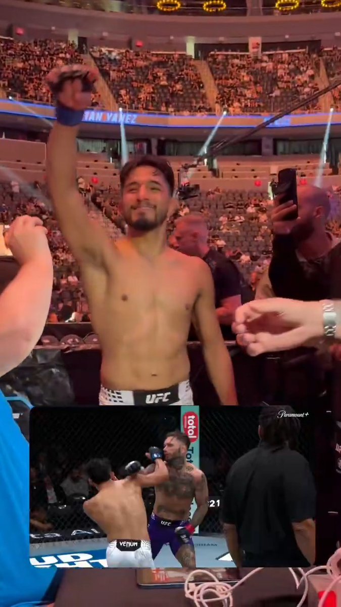 Adrian Yanez is hanging with the boys in the media section after his #UFC329 knockout of Cody Garbrandt 😂
