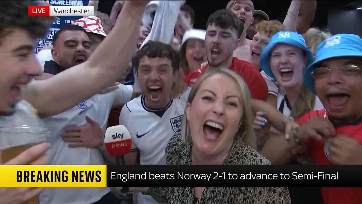 'I love you Jude!' Sky's Katie Barnfield gets the reaction of England fans at Manchester's Co-op Live after the Three Lion's 2-1 win in the World Cup.