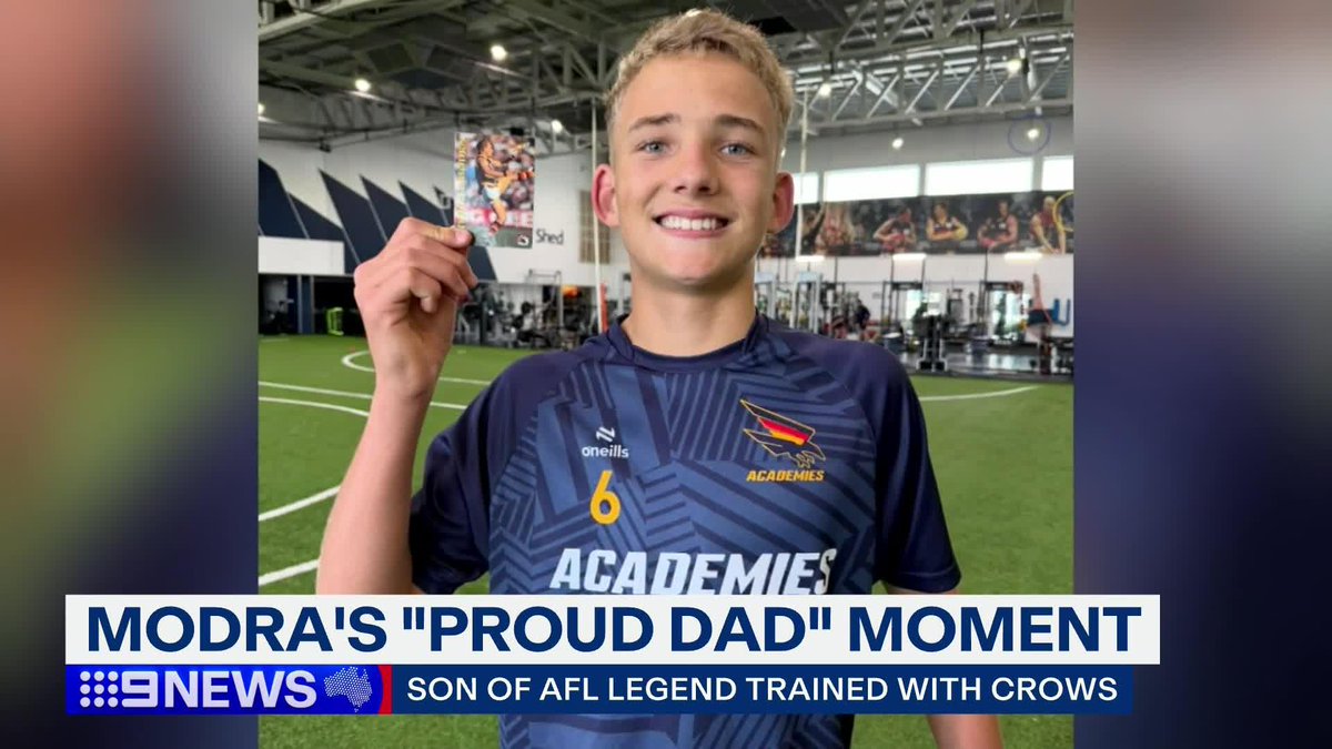 Tony Modra has had a proud dad moment, taking to social media to showcase his 14-year-old son who spent the last week training inside the Crows facilities alongside other father-son prospects. #9News