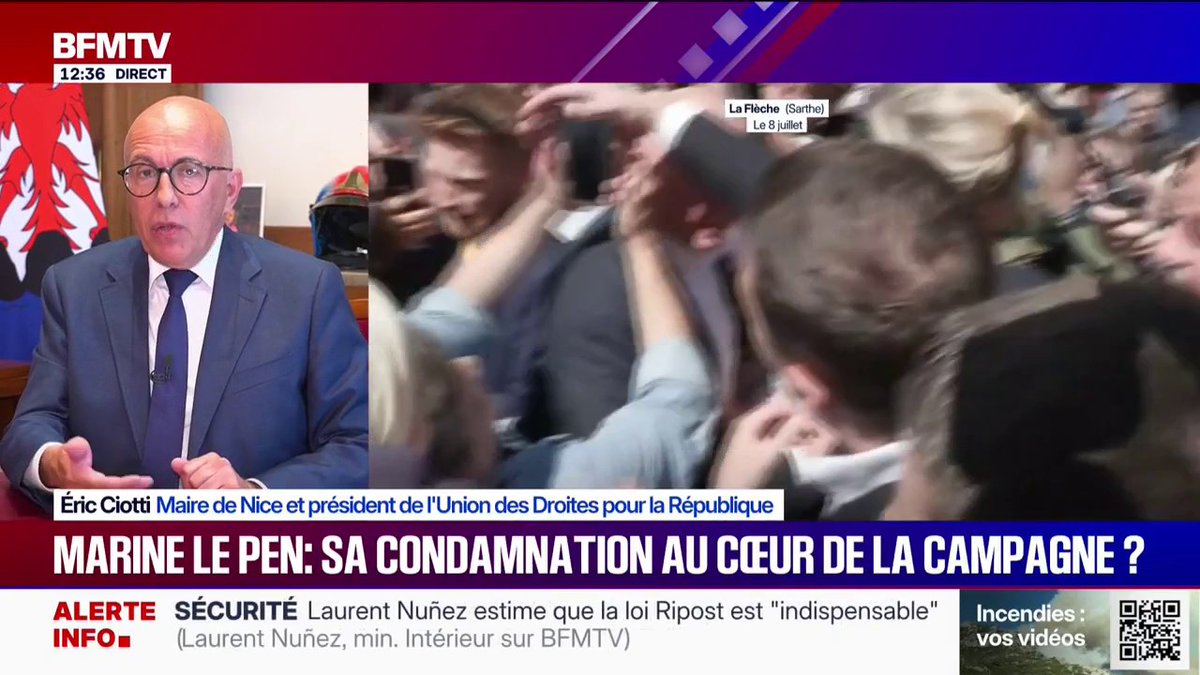 Candidature de Marine Le Pen: "Elle est présumée innocente", "c'est sain pour la démocratie", estime Eric Ciotti, maire UDR de Nice