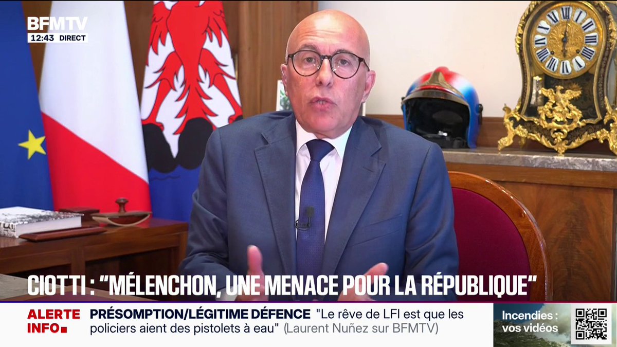Présidentielle 2027: Jean-Luc Mélenchon est "un danger extrême pour la République", déclare Eric Ciotti, maire UDR de Nice