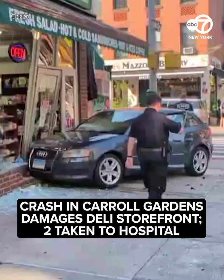 A car crashed into Garden Gourmet Deli in Brooklyn’s Carroll Gardens neighborhood Sunday morning, sending two people to the hospital. Video shows an Audi lodged beside the storefront, with shattered glass scattered across the sidewalk.