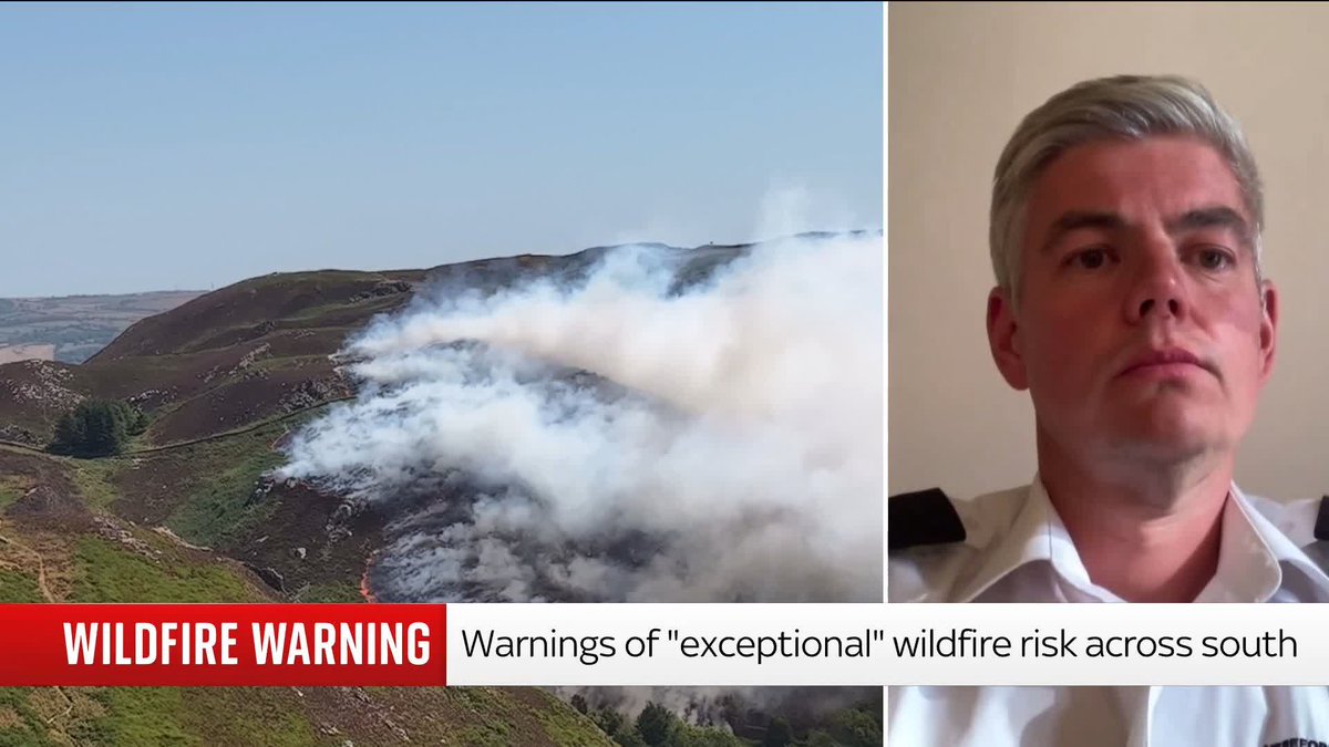 "The risk is extremely high." Dave Swallow of National Fire Chiefs Council says fire services are currently dealing with 19 wildfires in England and Wales, and the number is expected to "increase dramatically" in the next week due to hot, dry, windy weather. Latest: