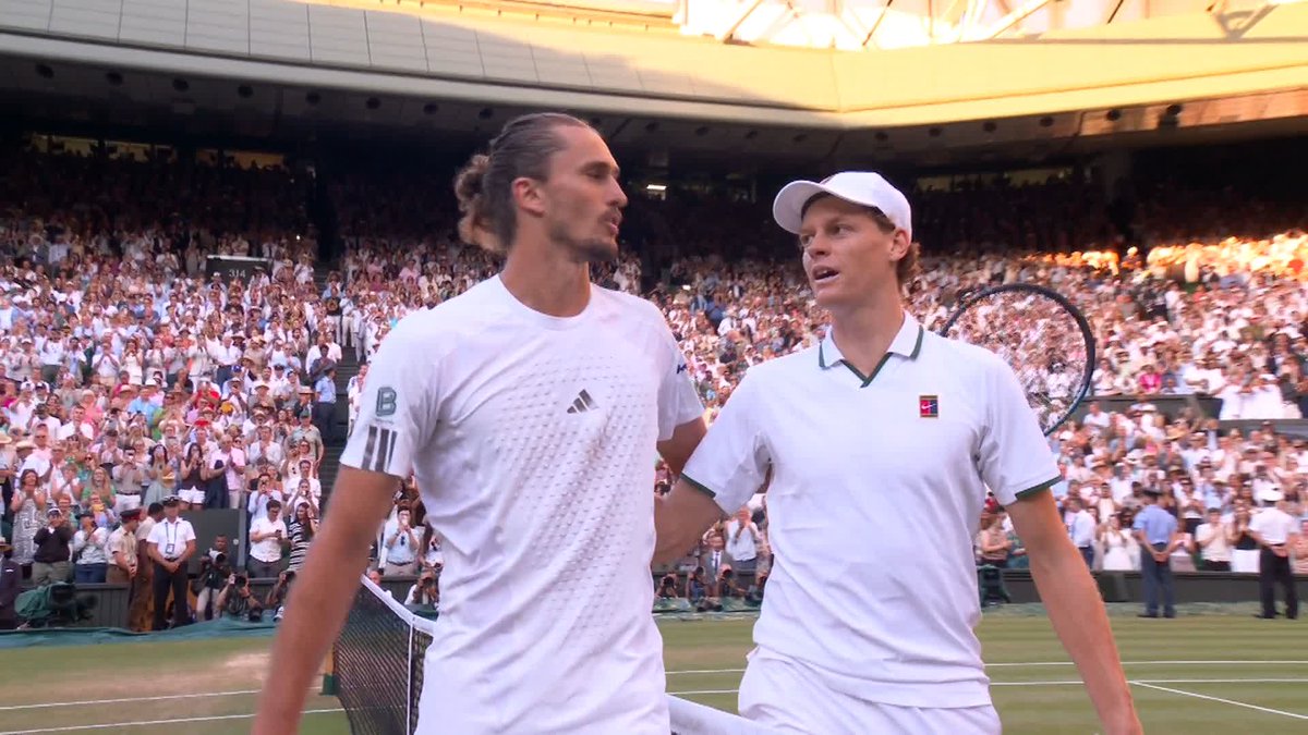 Defence complete. Jannik Sinner defeats Alexander Zverev 6-7(7), 7-6(2), 6-3, 6-4 to win his second Wimbledon trophy. #Wimbledon