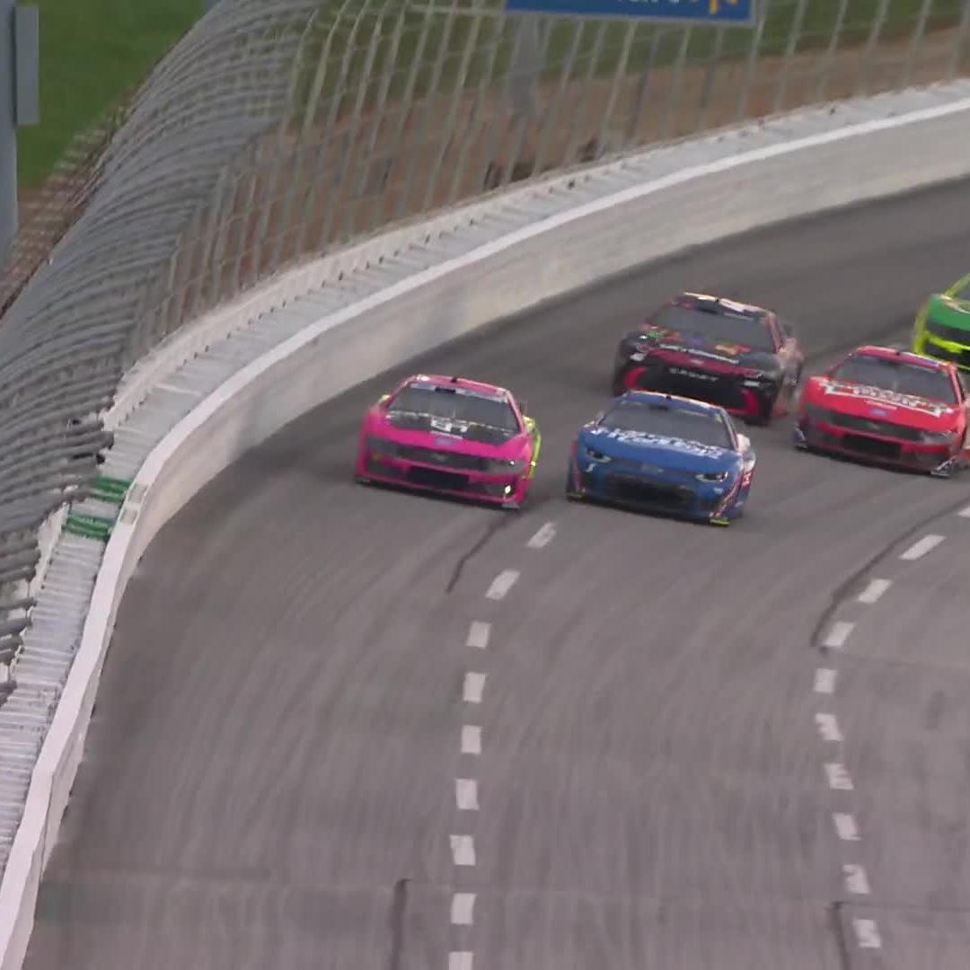 The Nos. 5 and 45 were pressing late in the stage, but Ryan Blaney holds on to take the green-and-white checkered. Presented by BODYARMOR.